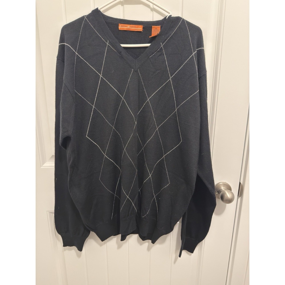 Sette Ponti Mens XL Black Argyle V-Neck Sweater Merino Wool Blend Made in‎ Italy